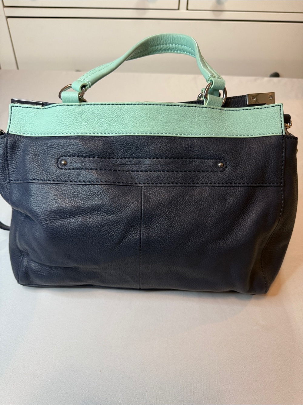 B Makowsky Mint and Navy Leather Top-Handle Satchel - Picture 3 of 8